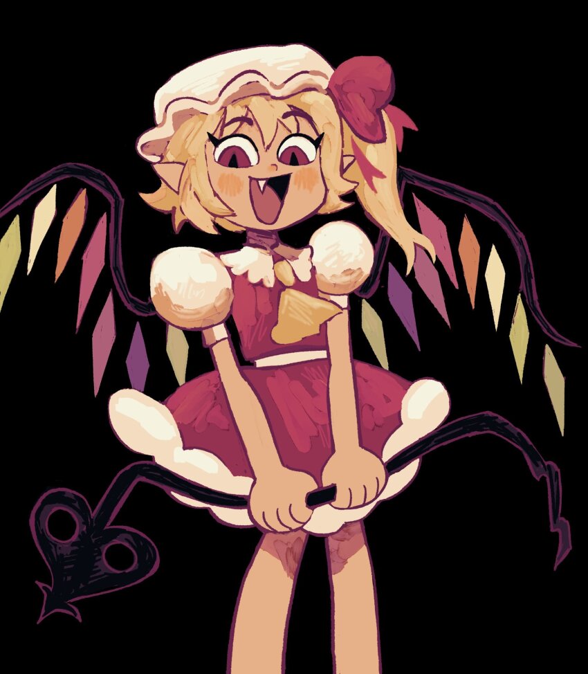 1girl ascot black_background collared_shirt commentary dark_background english_commentary fang feet_out_of_frame flandre_scarlet flandrepudding hat highres holding holding_polearm holding_weapon laevatein_(touhou) looking_at_viewer mob_cap multicolored_wings open_mouth pointy_ears polearm puffy_short_sleeves puffy_sleeves red_eyes red_skirt red_vest shirt short_sleeves simple_background skirt solo touhou vest weapon white_background white_shirt wings yellow_ascot