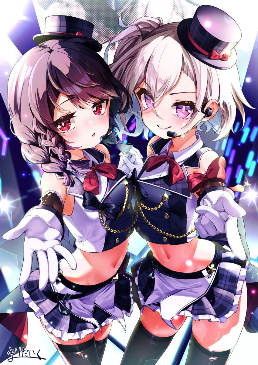 2girls :o absurdres aiguillette arm_warmers azur_lane bare_shoulders black_hat black_shirt black_skirt black_thighhighs blush bow braid breasts brown_hair commentary_request commission cosplay cowboy_shot crop_top cross crossed_bangs earpiece frilled_skirt frills gloves glowstick grin hair_between_eyes hat highres holding_hands idol iron_cross long_hair looking_at_viewer marimo_daifuku medium_breasts medium_hair midriff mini_hat mini_top_hat miniskirt multiple_girls navel neck_ribbon parted_lips pixiv_commission plaid_clothes plaid_skirt pleated_skirt purple_eyes red_bow red_eyes red_ribbon ribbon shirt short_braid side_ponytail sidelocks signature skindentation skirt sleeveless sleeveless_shirt small_breasts smile stage_lights standing swept_bangs teeth thighhighs tilted_headwear top_hat twin_braids white_gloves white_hair white_shirt z1_leberecht_maass_(azur_lane) z23_(azur_lane) z23_(azur_lane)_(cosplay) z23_(serious_idol_@acting_manager?!)_(azur_lane) z2_georg_thiele_(azur_lane) zettai_ryouiki