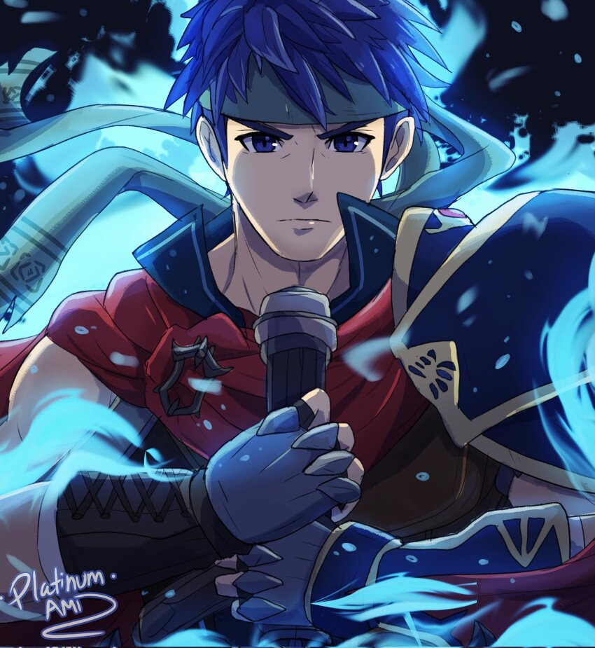 1boy armor artist_name aura blue_aura blue_eyes blue_hair cape fingerless_gloves fire_emblem fire_emblem:_radiant_dawn fire_emblem_engage gloves green_hairband hairband highres holding holding_sword holding_weapon ike_(emblem)_(fire_emblem) ike_(fire_emblem) male_focus nintendo pauldrons platinum_ami red_cape shoulder_armor single_pauldron solo sword upper_body weapon