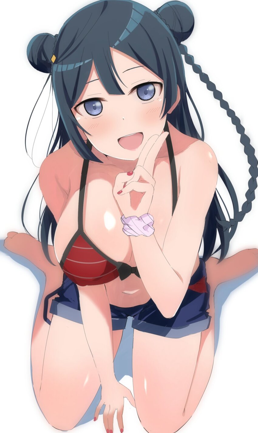1girl bikini blue_eyes blue_shorts braid double_bun hair_bun highres love_live! love_live!_nijigasaki_high_school_idol_club red_bikini short_shorts shorts single_braid smile swimsuit wewe yuki_setsuna