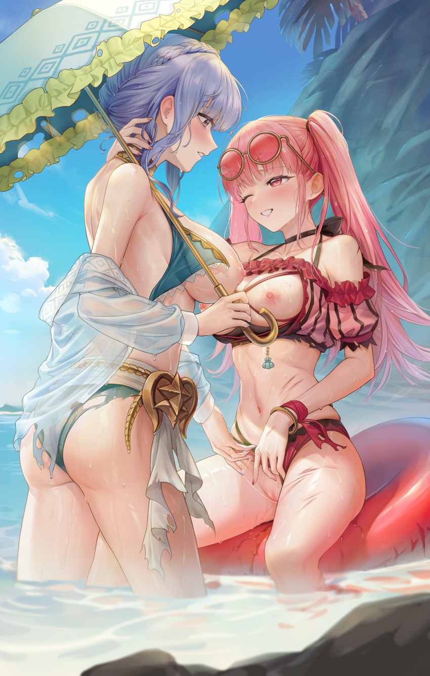 2girls absurdres after_fingering ass bikini bikini_bottom_aside black_choker blue_bikini blue_hair blue_nails blue_sky bracelet braid breasts choker clitoris clothing_aside cloud commentary_request crown_braid day fire_emblem fire_emblem:_three_houses fire_emblem_heroes green_bikini hand_on_another&#039;s_neck highres hilda_valentine_goneril hilda_valentine_goneril_(summer) holding holding_umbrella horizon innertube jewelry large_breasts long_hair marianne_von_edmund marianne_von_edmund_(summer) multiple_girls nintendo nipples ocean official_alternate_costume one_eye_closed open_mouth outdoors parasol pink-tinted_eyewear pink_bikini pink_eyes pink_hair purple_eyes pussy_juice pussy_juice_trail red_nails rock scar scar_on_leg scar_on_stomach sky smile sunglasses swim_ring swimsuit tag_(tf18080512) tinted_eyewear torn_bikini torn_clothes twintails umbrella wading wet yuri