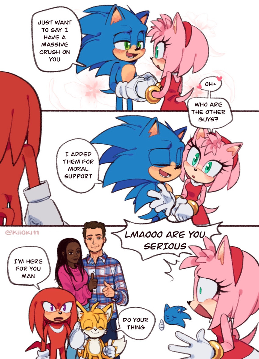 2girls 3koma 4boys amy_rose blonde_hair blue_fur blue_hair blush brown_hair comic dark-skinned_female dark_skin dress echidna_(animal) family fox gloves green_eyes hairband hedgehog highres kiioki11 knuckles_the_echidna long_hair maddie_wachowski medium_hair multiple_boys multiple_girls pants paramount_pictures pink_fur pink_hair presenting purple_eyes red_fur sega size_difference socks sonic_(live_action) sonic_(series) sonic_the_hedgehog sonic_the_hedgehog_3_(film) spiked_hair surprised sweater tail tails_(sonic) thumbs_up tom_wachowski two_tailsshirt yellow_fur