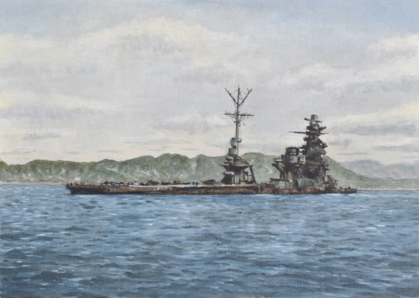 absurdres acrylic_paint_(medium) atelier_bono battleship highres hyuuga_(battleship) mast military_vehicle mountainous_horizon no_humans ocean original painting_(medium) rust ship shipwreck sky smokestack traditional_media vehicle_focus warship watercraft