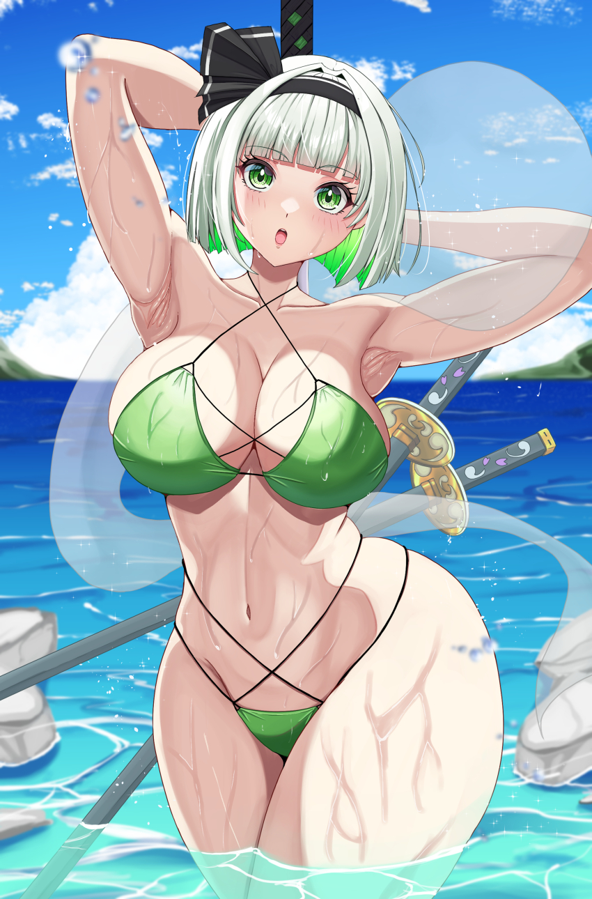 1girl absurdres armpits arms_up bikini black_hairband blush breasts cleavage colored_inner_hair day ghost green_bikini green_eyes green_hair hairband highres hossy katana konpaku_youmu konpaku_youmu_(ghost) large_breasts light_green_hair looking_at_viewer multi-strapped_bikini multicolored_hair navel ocean open_mouth outdoors scabbard sheath shiny_skin short_hair solo swimsuit sword thighs touhou weapon wet
