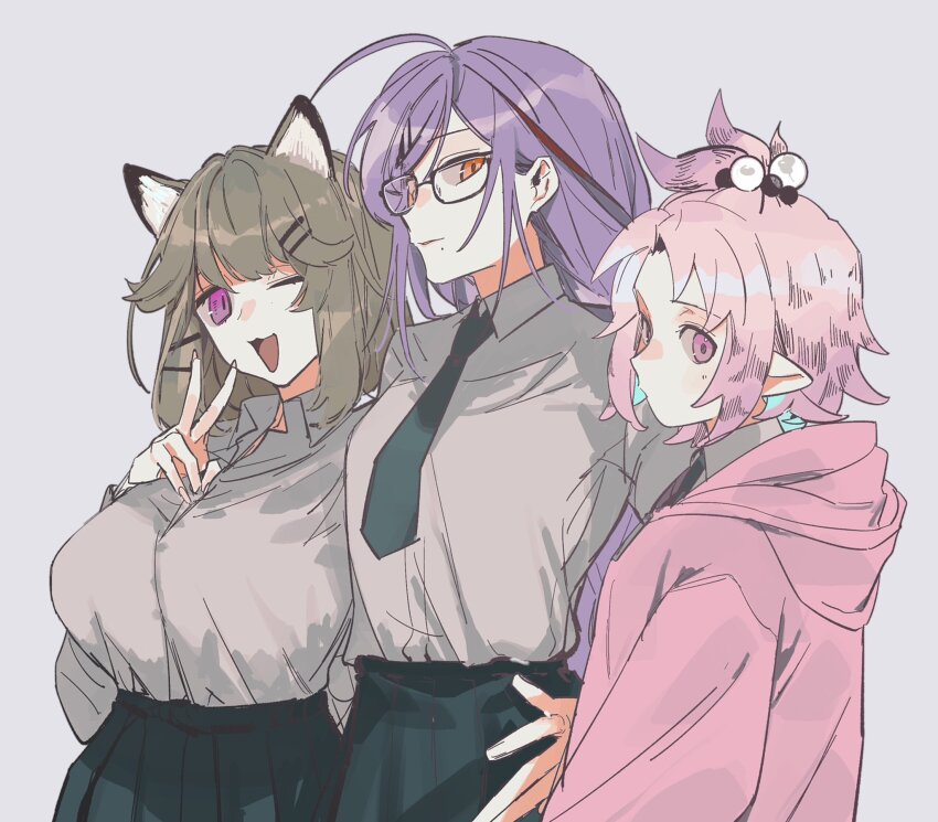 3girls akafuyu_(arknights) animal_ears arknights black_necktie black_skirt brown_hair highres kirara_(arknights) looking_at_viewer mole mole_under_mouth multiple_girls necktie pink_hair pink_hood pointy_ears purple_eyes purple_hair shirt shouganaigame skirt upper_body utage_(arknights) v white_shirt yellow_eyes