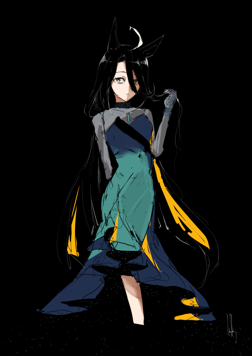 1girl absurdres ahoge alternate_hair_length alternate_hairstyle animal_ears arm_behind_back black_background black_dress black_gloves blonde_hair closed_mouth dress gloves hair_between_eyes hand_up highres holding holding_own_hair horse_ears horse_girl jewelry lace lace_gloves light_smile long_bangs long_dress long_hair long_hair_between_eyes looking_at_viewer manhattan_cafe_(umamusume) multicolored_hair necklace ringring_(artist) see-through_clothes see-through_dress simple_background solo streaked_hair umamusume very_long_hair white_hair