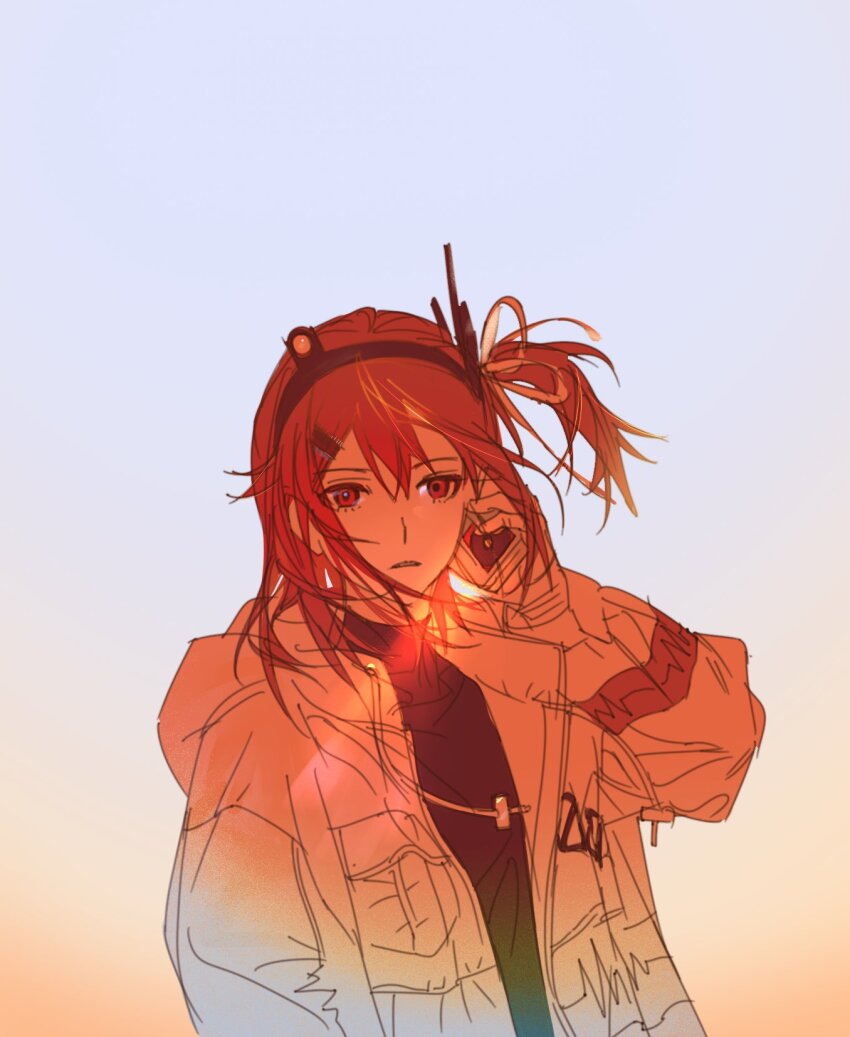 1girl a.i._voice adachi_rei arm_at_side backlighting commentary floating_hair frown gloves gradient_background gradient_filter grey_background hair_ribbon hairband hand_up headlamp highres holding hood hood_down hooded_jacket jacket lens_flare listening long_sleeves looking_at_viewer medium_hair netsu_ijou_(utau) one_side_up open_clothes open_jacket orange_eyes orange_hair parted_lips radio_antenna ribbon shirt solo turtleneck turtleneck_shirt upper_body usmipic utau