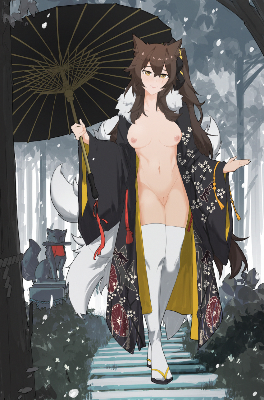 1girl animal_ears breasts brown_eyes brown_hair cleft_of_venus commission fox_ears fox_tail full_body fur_trim girls&#039;_frontline hair_between_eyes highres japanese_clothes kimono long_hair medium_breasts multiple_tails navel nipples official_alternate_costume oil-paper_umbrella partially_undressed pussy scar scar_across_eye scar_on_face second-party_source side_ponytail smile solo tail thighhighs umbrella ump45_(girls&#039;_frontline) ump45_(lonely_traveler_of_eternity)_(girls&#039;_frontline) variasii very_long_hair wide_sleeves