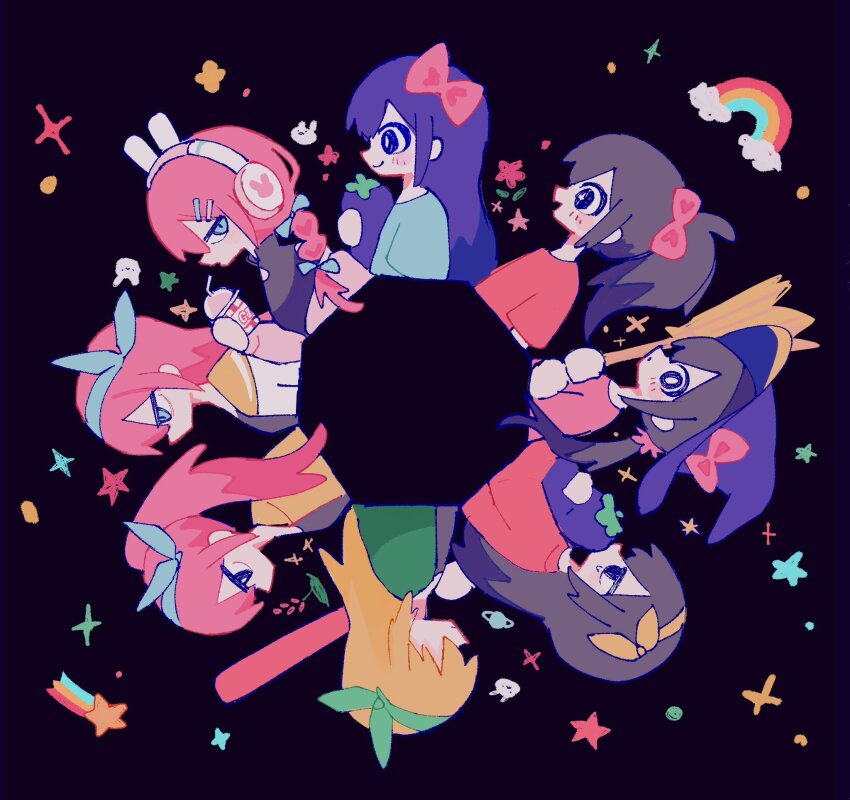 6+girls :d age_progression animal_ear_headphones animal_ears aubrey_(birthday)_(omori) aubrey_(faraway)_(omori) aubrey_(headspace)_(omori) aubrey_(omori) baseball_bat black_background black_eyes black_hair blonde_hair blue_bow blue_eyes blue_hairband blue_shirt bow bow_hairband braid bright_pupils broom closed_mouth commentary cropped_torso cup disposable_cup drink drinking_straw empty_eyes fake_animal_ears flower from_side hair_bow hairband hat hat_bow headphones high_ponytail highres holding holding_baseball_bat holding_broom holding_cup holding_drink holding_stuffed_toy jacket long_hair long_sleeves looking_at_viewer mr._plantegg_(omori) multiple_girls multiple_persona ninini_(happy_goody115) official_alternate_costume official_alternate_hairstyle omori open_clothes open_jacket open_mouth pink_bow pink_flower pink_hair ponytail profile purple_eyes purple_hair purple_hat rabbit_ear_headphones red_shirt sailor_collar shirt shooting_star short_sleeves simple_background smile sparkle star_(symbol) straight_hair stuffed_eggplant stuffed_toy symbol-only_commentary teardrop white_jacket white_pupils witch_hat yellow_sailor_collar