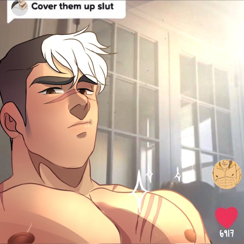 1boy bara black_hair brown_eyes closed_mouth cover_them_up_slut_(meme) dialogue_box facial_hair highres hyakujuu-ou_golion lamasart large_pectorals looking_at_viewer male_focus meme multicolored_hair muscular muscular_male nipples pectoral_focus pectorals scar scar_on_face scar_on_nose short_hair solo stubble takashi_shirogane two-tone_hair upper_body voltron:_legendary_defender voltron_(series) white_hair