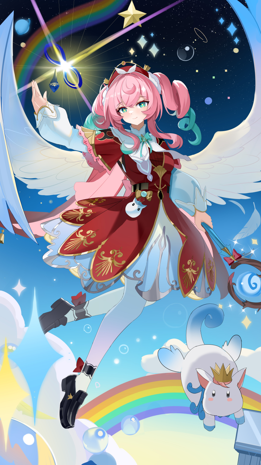 1girl absurdres angel_wings aqua_bow aqua_bowtie aqua_eyes aqua_hair bow bowtie breasts chinese_commentary cloud commentary_request dress drill_hair hat highres holding holding_staff honkai:_star_rail honkai_(series) hyacine_(honkai:_star_rail) infinity_symbol little_ica_(honkai:_star_rail) medium_hair multicolored_hair npp_(artist) pantyhose pink_hair rainbow red_dress red_hat sky small_breasts smile staff star_(sky) starry_sky twin_drills two-tone_hair white_pantyhose wings