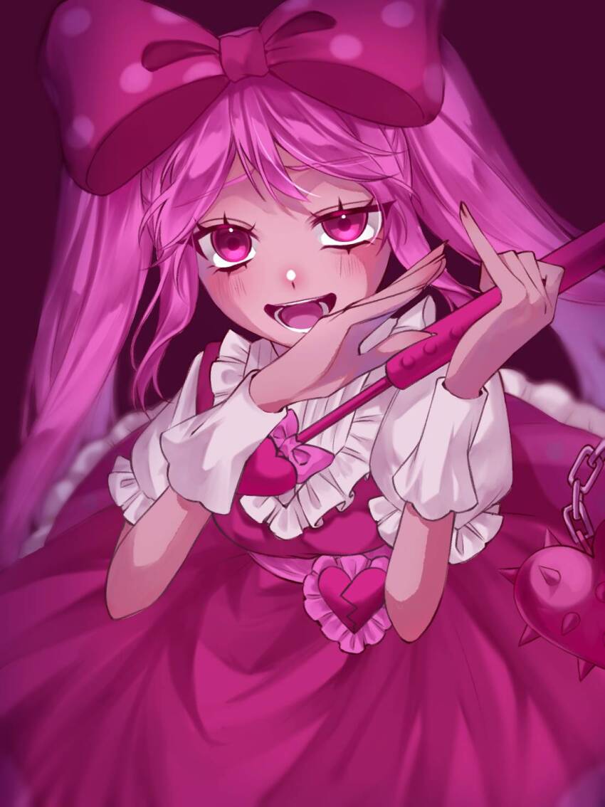 1girl :d aegyo_sal belt blurry bow chain commentary_request dark-skinned_female dark_skin depth_of_field double-parted_bangs dress fingernails frilled_sleeves frills from_above hair_bow hands_up heart_belt highres holding_flail kohaku_chara looking_at_viewer ojou-sama_pose omori open_mouth petticoat pink_background pink_belt pink_bow pink_dress pink_theme pinky_out polka_dot polka_dot_bow puffy_short_sleeves puffy_sleeves raised_inner_eyebrows shirt short_sleeves sidelocks simple_background sleeveless sleeveless_dress smile solo sweetheart_(omori) teeth tongue twintails uneven_eyes upper_body white_shirt white_wrist_cuffs wrist_cuffs