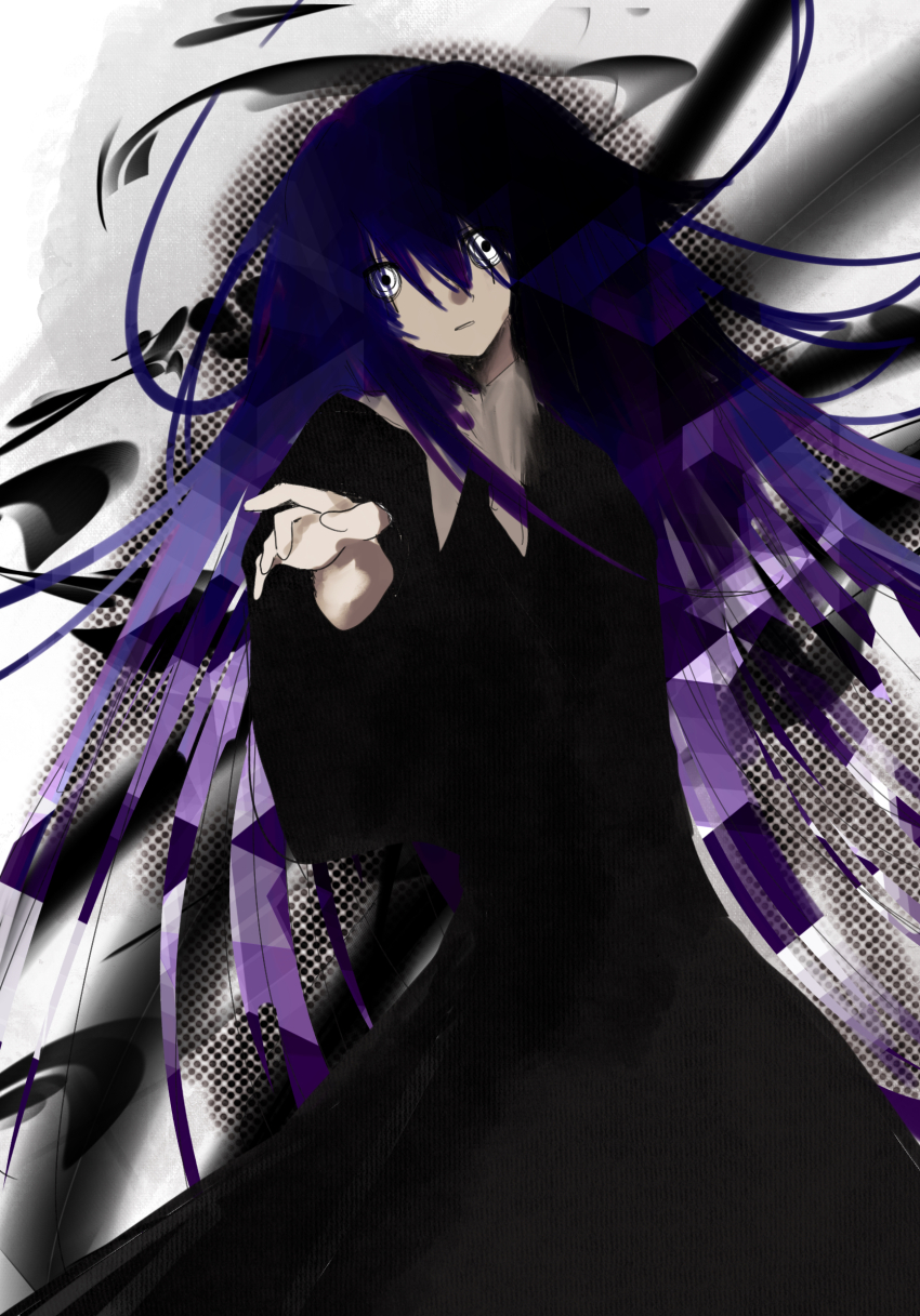 1girl black_dress commentary commentary_request cowboy_shot damsel_(tone_sphere) dress english_commentary expressionless hair_between_eyes highres long_bangs long_hair long_sleeves looking_at_viewer open_mouth sixsec6ndzlater solo tone_sphere white_background white_eyes wide_sleeves