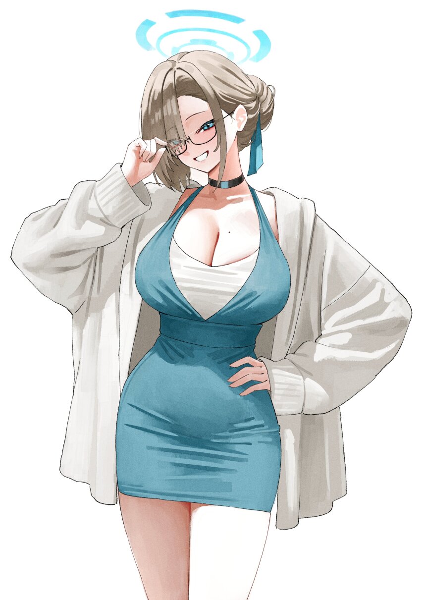 1girl absurdres asuna_(blue_archive) blonde_hair blue_archive blue_dress blue_eyes blue_halo blush breasts choker cleavage collarbone dress glasses grin hair_bun hair_over_one_eye hair_ribbon halo hand_on_own_hip highres jacket kono_(xerondan321) large_breasts long_hair looking_at_viewer mole mole_on_breast ribbon smile solo thighs white_jacket