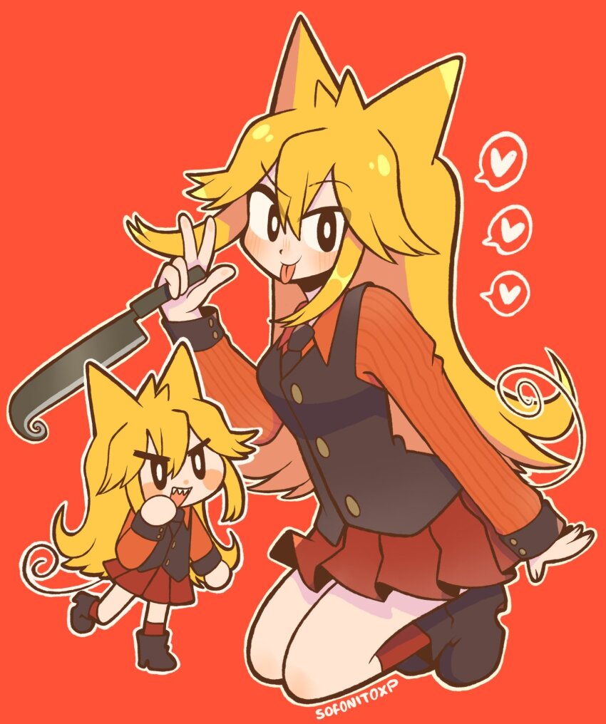1girl :p animal_ears black_boots black_necktie black_vest blonde_hair blush_stickers boots bright_pupils buttons cat_ears cat_girl cat_tail chibi chibi_inset closed_mouth collared_shirt commentary english_commentary funamusea hair_between_eyes heart highres holding holding_knife knife leg_up long_hair looking_at_viewer moge-ko mogeko_castle necktie open_mouth outline pinstripe_pattern pinstripe_shirt pleated_skirt red_background red_shirt red_skirt red_socks sharp_teeth shirt simple_background sitting skirt smile socks sofo_soup solo speech_bubble spoken_heart standing tail teeth tongue tongue_out v vest wariza white_outline white_pupils
