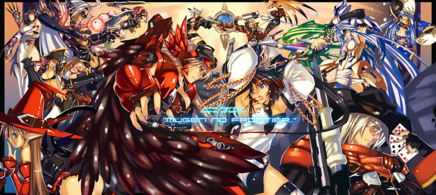 00s 2boys 6+girls android animal_ears anne_sirena arisu_reiji armor aschen_brodel ass bandeau banpresto battle bent_over black_wings bodysuit breasts capcom card crossover curvy cyborg dress energy fins goggles gun handgun harken_browning hat head_fins henne_valkyrja holding holding_card jpeg_artifacts jumping kaldia_basirissa kos-mos kos-mos_ver._4 ky_(nimbusky) kyon_feulion large_breasts long_hair mexican_standoff multiple_boys multiple_girls nail_polish namco namco_x_capcom nanbu_kaguya otone otone_(srw) pink_nails saya_(namco_x_capcom) short_hair smile super_robot_wars super_robot_wars_og_saga_mugen_no_frontier suzuka_hime t-elos thighhighs weapon wings witch_hat xenosaga xiaomu