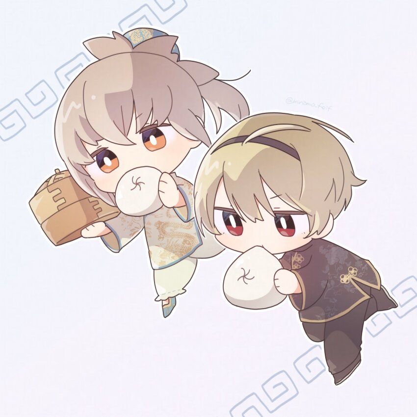 2boys alternate_costume blonde_hair chibi chinese_clothes dumpling fire_emblem fire_emblem_engage food grey_hair highres leo_(fire_emblem_fates) multiple_boys multiple_girls nintendo red_eyes sorane_amus takumi_(fire_emblem)