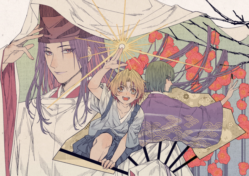 3boys between_fingers black_hat blonde_hair blue_bow blue_hakama blue_kimono blue_sleeves blunt_bangs blunt_ends bow branch brown_hair chinese_commentary closed_mouth collarbone colored_inner_hair commentary_request cowboy_shot expressionless eyelashes fingernails floating_hair flower folding_fan fujiwara_no_sai green_hair green_veil hair_floating_upwards hakama hand_fan hand_on_headwear hand_up hat hikaru_no_go holding holding_fan hun_(endlesslovehikaru) japanese_clothes kariginu kimono knees layered_sleeves light_smile lips long_hair long_sleeves looking_at_viewer multicolored_hair multiple_boys open_mouth outstretched_arm palms parted_bangs pink_eyes pink_kimono purple_hair purple_kimono purple_sleeves red_flower shindou_hikaru short_kimono smile straight_hair tate_eboshi teeth touya_akira two-sided_veil two-tone_hair upper_body veil very_long_hair vest white_background white_hakama white_sleeves white_vest wide_sleeves yellow_eyes