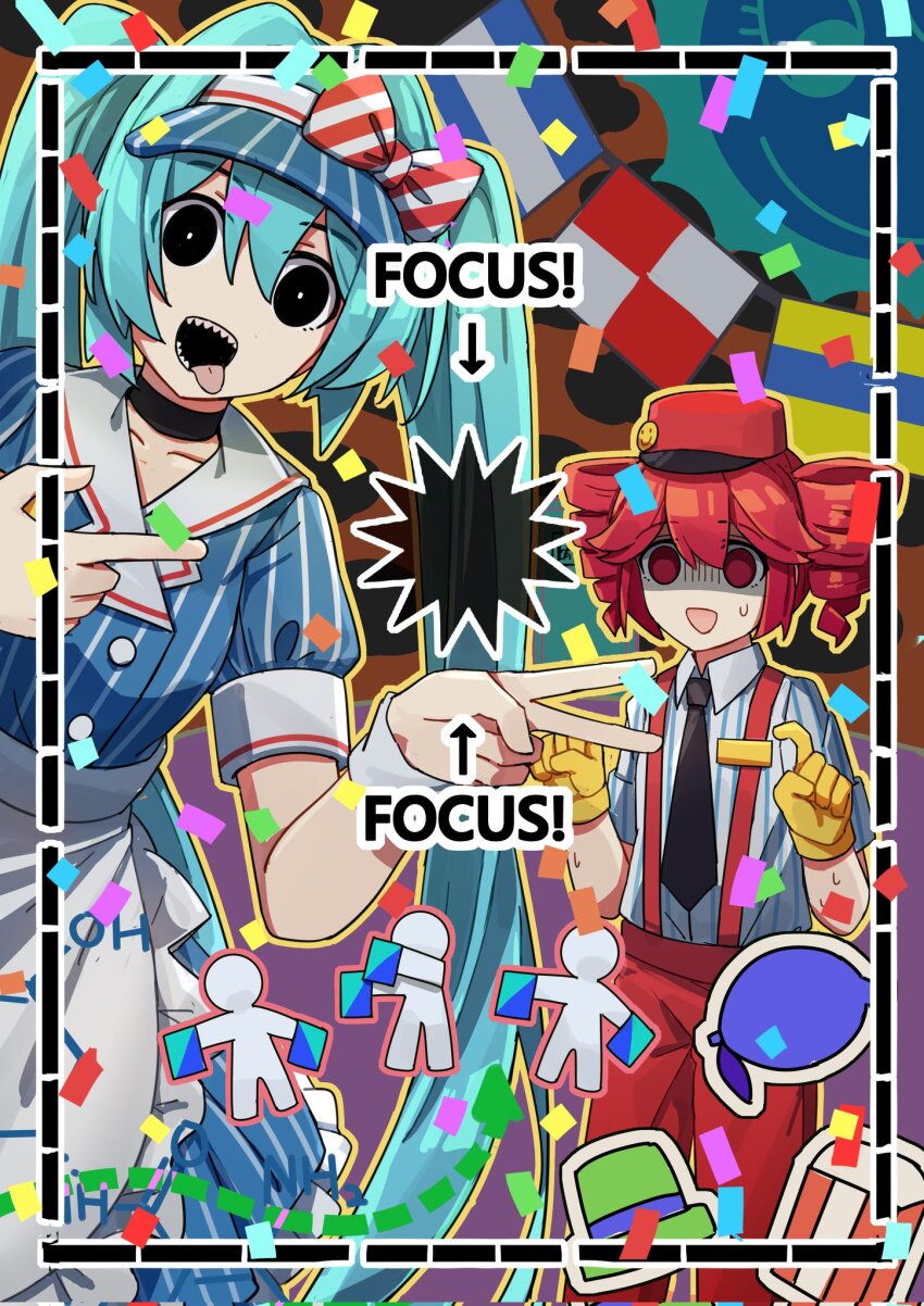 2girls apron black_choker black_eyes blue_dress blue_hat blush bright_pupils buttons chemical_structure choker collarbone confetti double-breasted dress drill_hair exit_sign frontiersun gloves hand_up hat hatsune_miku highres kasane_teto looking_at_viewer mesmerizer_(vocaloid) multiple_girls negative open_mouth pants pink_eyes pink_hair pinstripe_dress pinstripe_hat pinstripe_pattern puffy_short_sleeves puffy_sleeves red_hat red_pants scared semaphore_flags short_sleeves signal_flag smile sos sun_(the_amazing_digital_circus) suspenders sweat the_amazing_digital_circus tridecagram twin_drills utau v visor_cap vocaloid waist_apron white_apron white_pupils wing_collar wrist_cuffs yellow_gloves