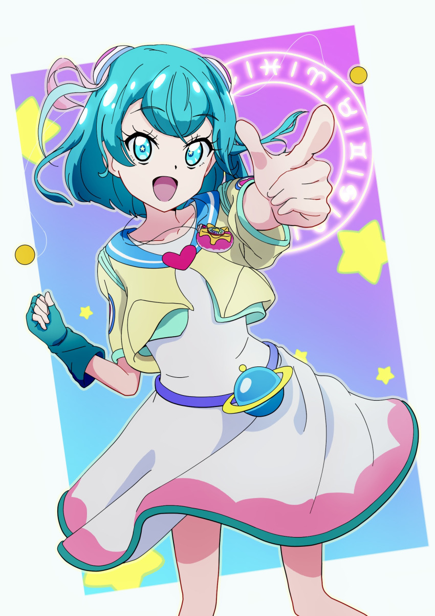 1girl aqua_eyes aqua_gloves aqua_hair commentary_request cropped_jacket dress fingerless_gloves gloves hagoromo_lala highres jacket jewelry medium_hair minakamirin3 necklace open_mouth precure short_sleeves single_glove solo star_(symbol) star_twinkle_precure white_dress yellow_jacket