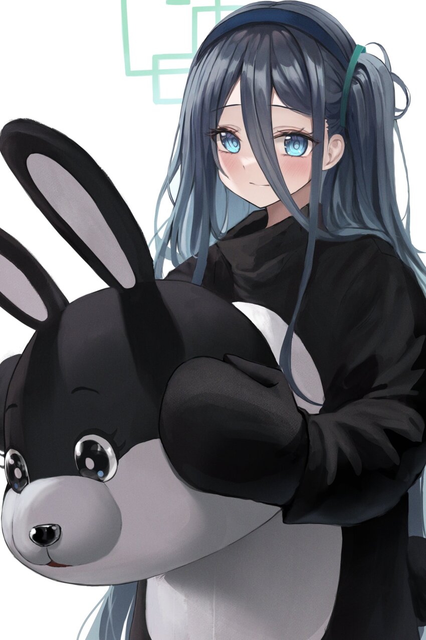 1girl absurdres animal_costume aris_(blue_archive) black_hair blue_archive blue_eyes blush closed_mouth commentary_request cosplay halo highres kigurumi long_hair looking_at_viewer one_side_up rabbit_costume ringed_eyes simple_background smile solo ttusee5 upper_body very_long_hair white_background