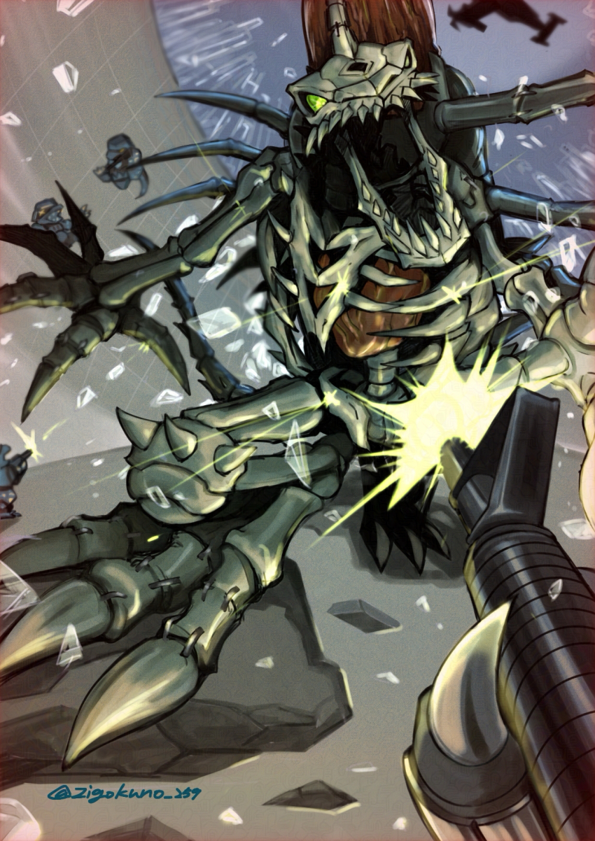 battle cargodramon commandramon digimon digimon_(creature) green_eyes gun highres holding holding_gun holding_weapon pov sharp_teeth skeleton skullgreymon solo_focus submachine_gun teeth twitter_username weapon zigokuno