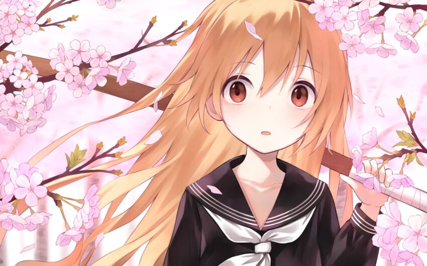 1girl aisaka_taiga bad_id bad_pixiv_id black_serafuku bokken brown_eyes brown_hair cherry_blossoms hair_between_eyes highres honno_matone long_hair looking_at_viewer neckerchief open_mouth parted_lips school_uniform serafuku solo sword toradora! upper_body weapon white_neckerchief wooden_sword