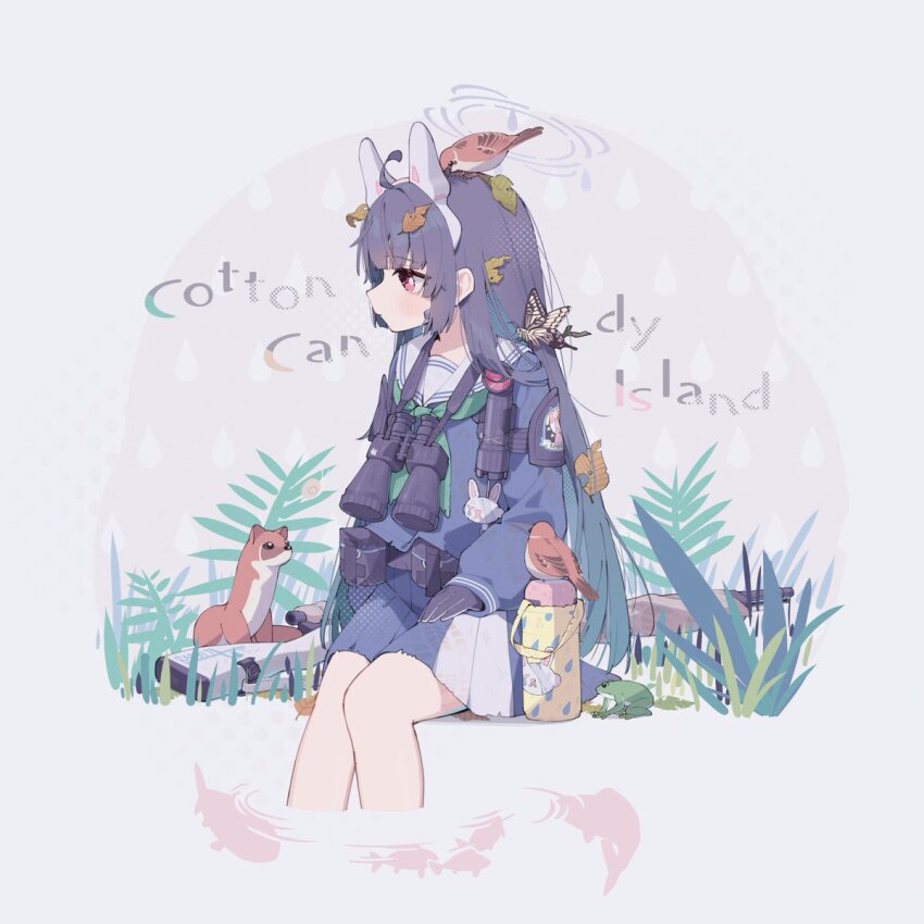 1girl animal animal_ears binoculars bird black_hair blue_archive bolt_action bug butterfly flashlight gloves gun halo highres insect long_hair miyu_(blue_archive) mosin-nagant rabbit_ears red_eyes rifle school_uniform shuca_ca sitting sniper_rifle very_long_hair weapon weasel white_background
