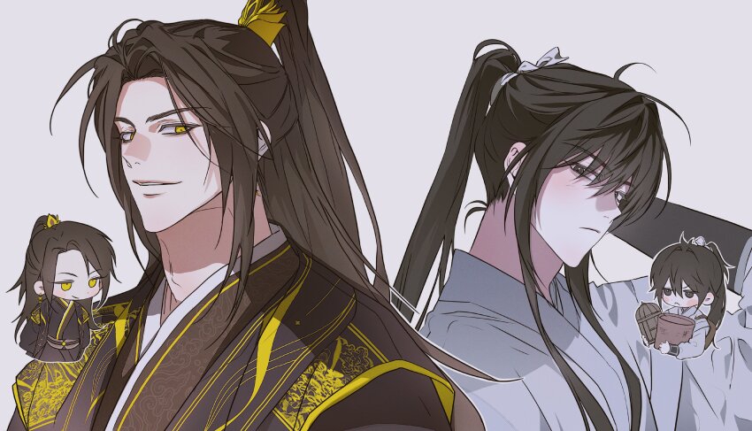 2boys absurdres arm_behind_head arms_behind_back basket birdcage black_hair black_hanfu cage chibi chibi_inset chinese_clothes closed_mouth earrings gold_earrings grey_eyes hair_ribbon half_updo hanfu high_ponytail highres holding holding_basket holding_cage jewelry jinhongi korean_commentary long_hair long_sidelocks long_sleeves looking_at_viewer male_focus multiple_boys ponytail ribbon sash seol_young sidelocks simple_background smile ttogi upper_body white_background white_hanfu white_ribbon xiao_guan_(headdress) yellow_eyes zaha