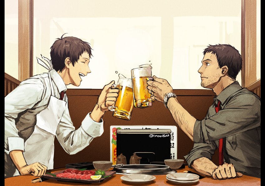 2boys adachi_tooru alcohol apron arm_hair arm_on_table beard_stubble beer beer_mug brown_hair clenched_hand closed_eyes cup doujima_ryoutarou drinking facial_hair food from_side fruit grey_shirt highres holding holding_cup lemon lemon_slice long_sleeves looking_at_another male_focus morrisuit mug multiple_boys necktie open_mouth persona persona_4 raw_meat red_necktie shirt short_hair sleeves_rolled_up sliced_meat smile stubble teeth toasting_(gesture) upper_teeth_only watch white_apron white_shirt wristwatch