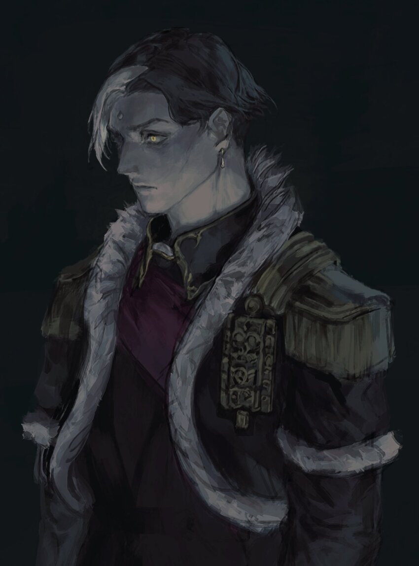 1boy black_background black_hair black_jacket earrings emet-selch epaulettes final_fantasy final_fantasy_xiv fur-trimmed_jacket fur_trim garlean highres jacket jewelry male_focus multicolored_hair short_hair solo stusoup third_eye two-tone_hair upper_body yellow_eyes