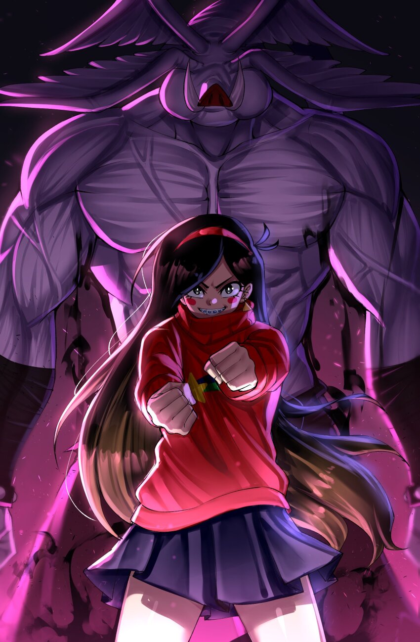 1girl absurdres blush_stickers braces bright_pupils brown_hair clenched_hands commentary cowboy_shot gravity_falls grin hairband head_wings highres jujutsu_kaisen long_hair looking_at_viewer mabel_pines miniskirt muscular pig pleated_skirt purple_skirt rageman709 red_hairband red_sweater skirt smile standing sweater turtleneck turtleneck_sweater very_long_hair waddles white_pupils wings