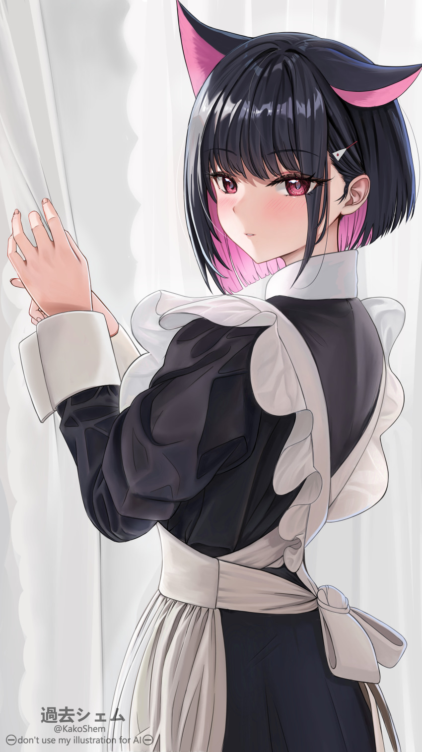 1girl absurdres alternate_costume animal_ears apron artist_name bed_sheet black_dress black_hair blue_archive blush cat_ears cat_girl colored_inner_animal_ears colored_inner_hair commentary_request dress extra_ears from_behind highres kazusa_(blue_archive) looking_at_viewer looking_back maid maid_apron multicolored_hair paid_reward_available pink_hair sheet_grab shem_kako short_hair smile solo white_apron