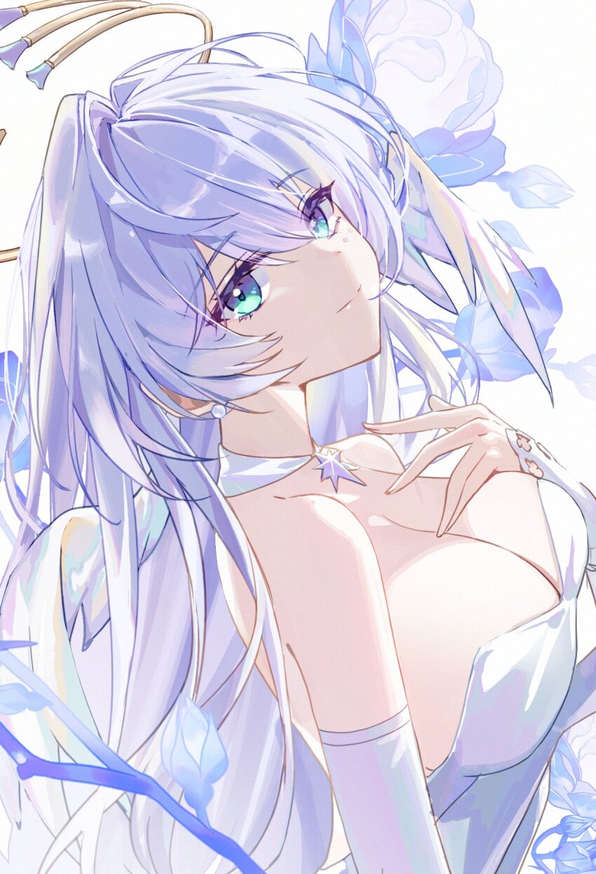 1girl aqua_eyes b_soyo1 bare_shoulders blue_hair breasts cleavage dress earrings from_side halo hashtag-only_commentary head_wings highres honkai:_star_rail honkai_(series) jewelry large_breasts long_hair robin_(honkai:_star_rail) simple_background smile solo white_background white_dress wings