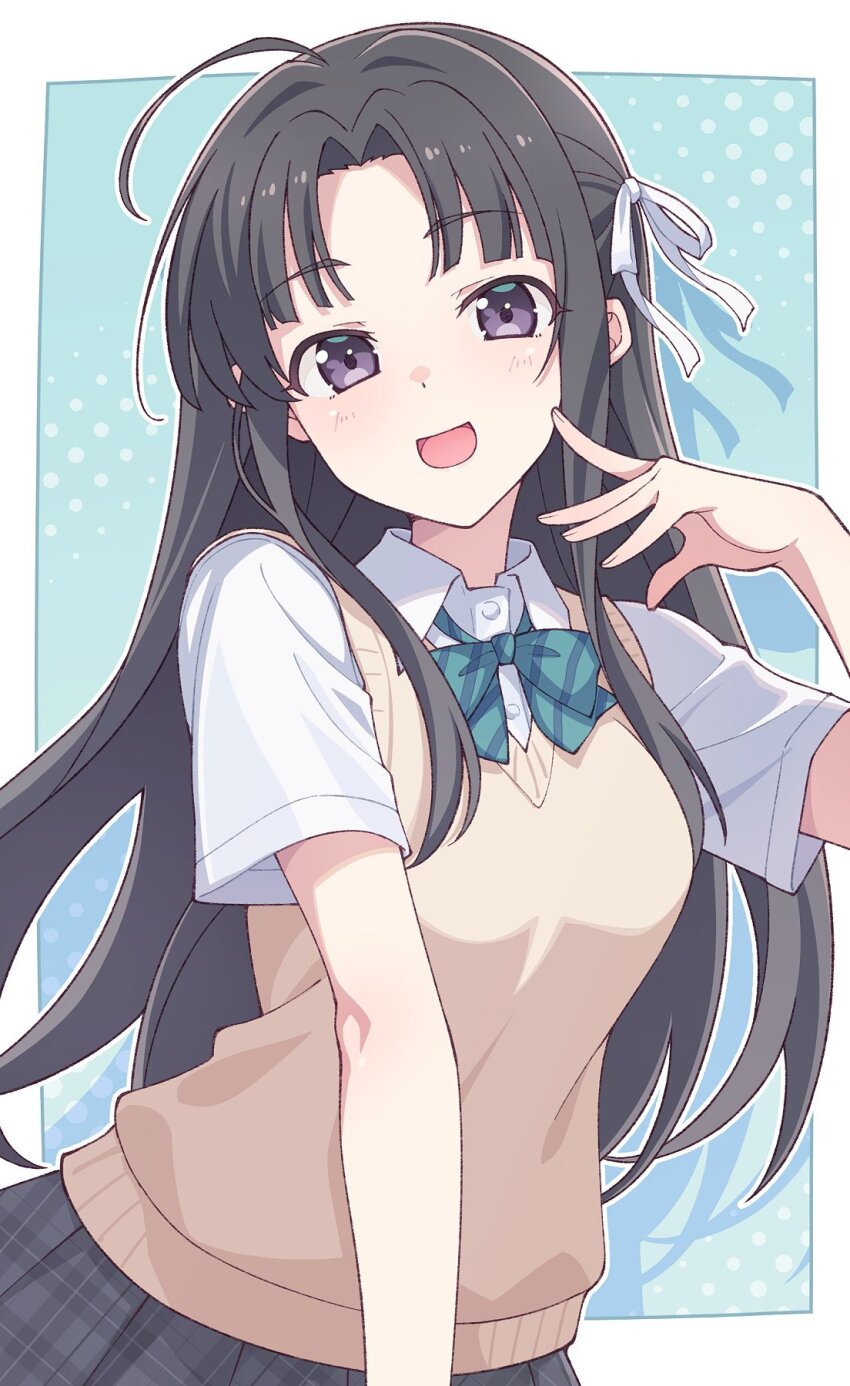1girl ahoge awa_subaru black_hair blue_bow blue_bowtie border bow bowtie brown_sweater_vest collared_shirt commentary diagonal-striped_bow diagonal-striped_bowtie diagonal-striped_clothes dress_shirt e20 girls_band_cry grey_skirt hair_ribbon highres long_hair looking_at_viewer open_mouth outside_border parted_bangs plaid_clothes plaid_skirt pleated_skirt ribbon school_uniform shirt sidelocks skirt solo striped_clothes sweater_vest white_border white_ribbon white_shirt