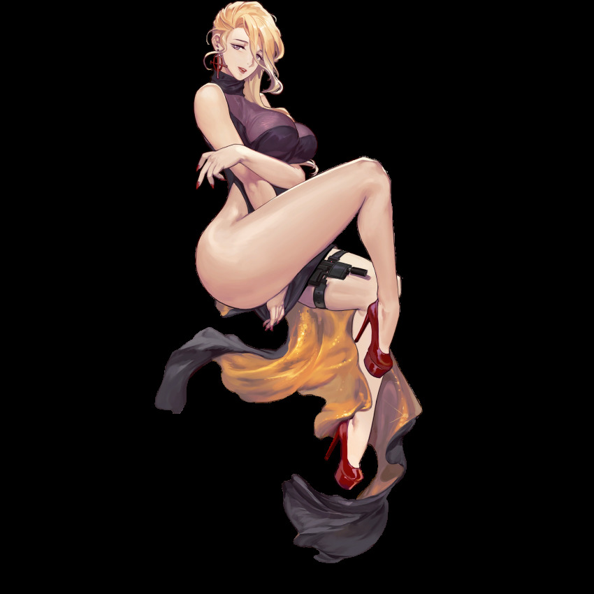 1girl amy_laser_(last_origin) amy_razor bare_arms bare_legs bare_shoulders blonde_hair breasts clothes_between_thighs dress earrings female_focus full_body game_cg gun handgun high_heels highres jewelry large_breasts last_origin long_dress long_hair looking_at_viewer nail_polish official_art pistol purple_eyes red_nails rorobomb side_slit solo tachi-e thighs transparent_background turtleneck turtleneck_dress weapon wide_hips