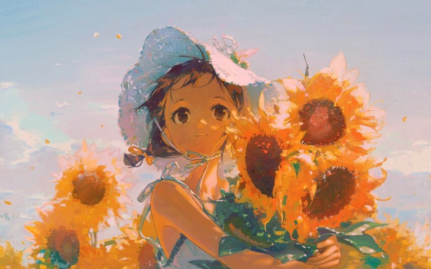 1girl bare_arms bare_shoulders blue_sky bouquet bow brown_eyes brown_hair closed_mouth cloud day dress eyelashes field floating_hair flower flower_field forehead hair_ribbon happy hat hat_bow hat_ribbon holding holding_bouquet light_particles low_twintails neck_ribbon original outdoors petals ribbon sheya_tin short_hair short_twintails sky sleeveless sleeveless_dress smile solo spaghetti_strap straw_hat sun_hat sundress sunflower sunflower_field tareme twintails upper_body white_bow white_dress white_hat white_ribbon wind yellow_flower yellow_ribbon