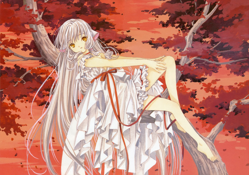 1girl absurdres barefoot blonde_hair bow chii chobits clamp_(circle) dress hair_tubes highres in_tree long_hair low-tied_sidelocks official_art orange_eyes red_bow red_sash red_sky red_theme robot_ears sash sidelocks sitting sitting_in_tree sky solo traditional_media tree very_long_hair white_dress