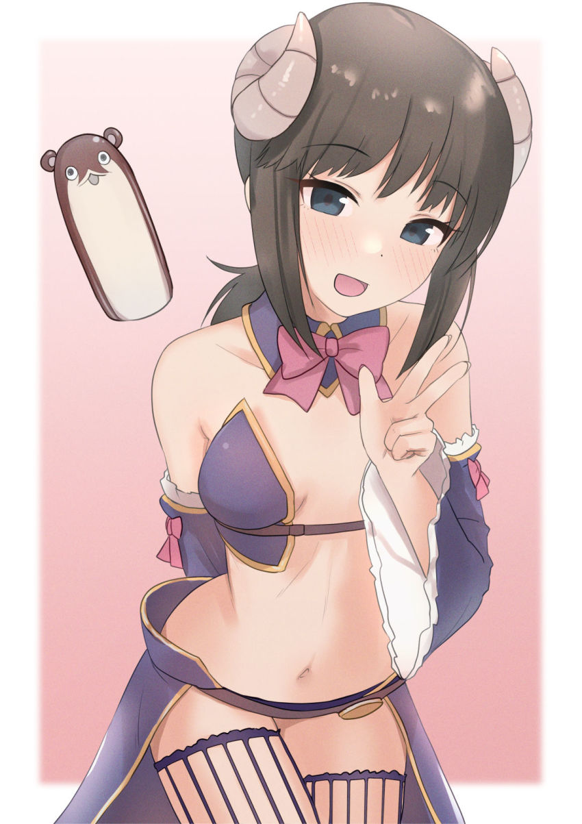 1girl arm_behind_back armor bikini_armor blue_eyes blush bokukawauso bow bowtie breasts commentary_request cosplay crisis_management_form_(machikado_mazoku) demon_horns detached_collar detached_sleeves frilled_sleeves frills fubuki_(kancolle) highres horns kantai_collection looking_at_viewer low_ponytail machikado_mazoku medium_breasts open_mouth pink_bow pink_bowtie ponytail sakiecho sidelocks thighhighs w yoshida_yuuko_(machikado_mazoku) yoshida_yuuko_(machikado_mazoku)_(cosplay)