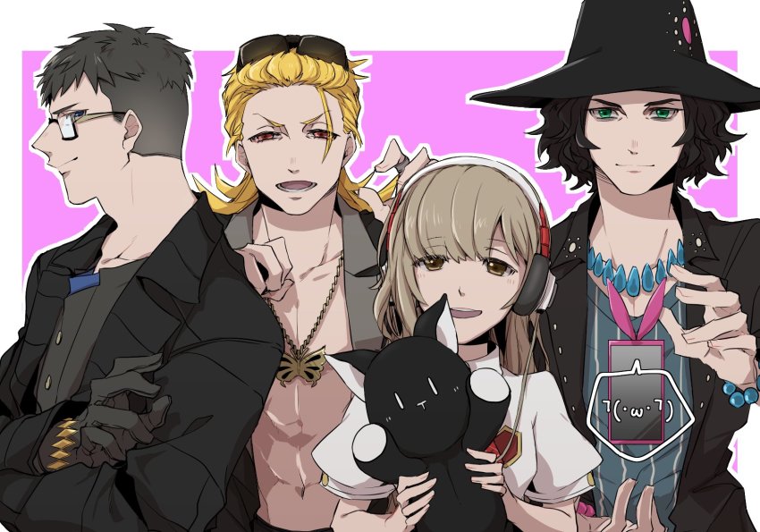 1girl 3boys abs black_gloves black_headwear black_jacket blonde_hair blue_neckwear blush brown_eyes butterfly_necklace cellphone eyebrows_hidden_by_hair glasses gloves green_eyes hat headphones highres hishima_(ntwewy) holding holding_stuffed_toy jacket kaie_(ntwewy) matsunae_tsugumi multiple_boys no_shirt nyantan open_clothes open_jacket open_mouth phone pinstripe_pattern pinstripe_shirt rectangular_eyewear red_eyes shiba_(ntwewy) shin_subarashiki_kono_sekai shirt smartphone smartphone_case smile striped stuffed_toy subarashiki_kono_sekai sunglasses_on_head upper_body wavy_hair