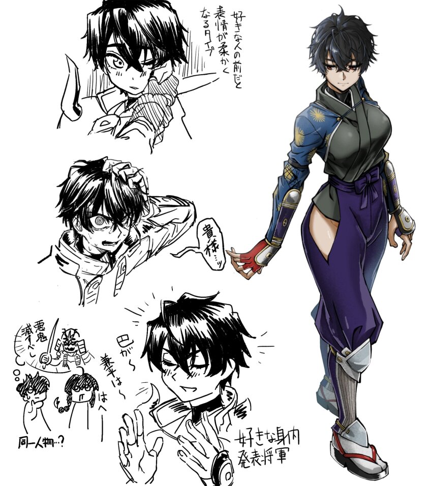 1boy 1girl 1other arm_guards bare_hips black_hair black_kimono blush breasts chibi chibi_inset clothing_cutout fate/samurai_remnant fate_(series) fingerless_gloves full_body genderswap genderswap_(mtf) geta gloves hakama highres igote japanese_clothes kimono large_breasts looking_down miyamoto_iori_(fate) multiple_views purple_hakama red_eyes rogue_saber_(fate/samurai_remnant) shin_guards short_hair simple_background single_fingerless_glove spoilers sweat tabi tontinkan800 turtleneck white_background yamato_takeru_(fate)