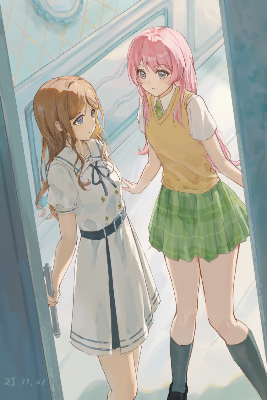 2girls absurdres bang_dream! bang_dream!_it&#039;s_mygo!!!!! belt blue_belt blue_eyes blue_ribbon brown_hair brown_sweater_vest chihaya_anon closed_mouth commentary dress green_necktie green_skirt grey_eyes grey_socks haneoka_school_uniform highres hu_pi_xuan_jiao kneehighs long_hair multiple_girls nagasaki_soyo neck_ribbon necktie open_mouth pink_hair ribbon school_uniform shirt short_sleeves sidelocks skirt socks sweater_vest tsukinomori_school_uniform white_dress white_shirt