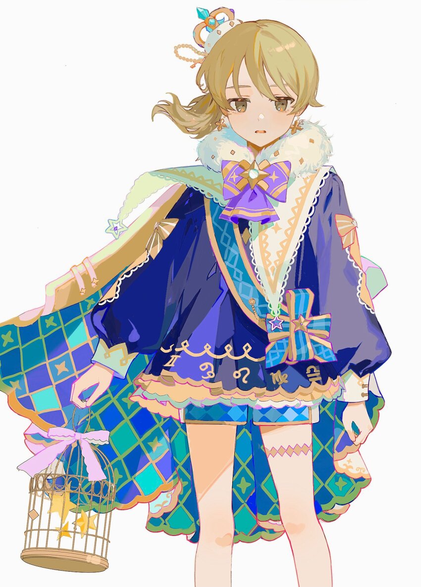 1girl argyle_cape argyle_clothes birdcage blouse blue_cape blue_sash blue_shirt blue_shorts bow bowtie brown_eyes brown_hair cage cape crown earrings floating_hair fur_collar highres holding holding_cage idolmaster idolmaster_cinderella_girls jewelry medium_hair mini_crown morikubo_nono multicolored_cape nima_(nimamann) parted_lips ponytail sash shirt shorts simple_background solo standing star_(symbol) thigh_strap tilted_headwear white_background