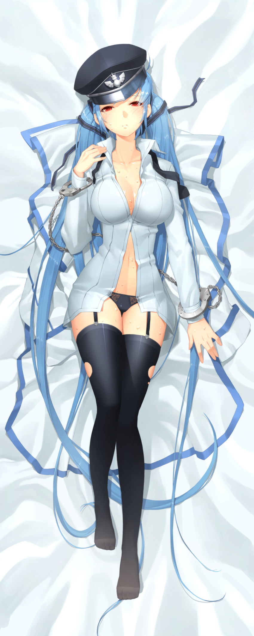 1girl absurdres arm_up bed bed_sheet beong-eoli black_panties black_thighhighs blue_hair blush breasts cleavage collarbone cuffs dakimakura_(medium) dress_shirt feet female_focus full_body garter_straps handcuffs hat highres impossible_clothes jacket large_breasts long_hair luthica_preventer lying midriff naked_shirt navel nearly_naked_shirt necktie on_back open_clothes open_mouth open_shirt panties peaked_cap red_eyes scan shirt solo sweat sword_girls thighhighs torn_clothes torn_thighhighs twintails underwear very_long_hair