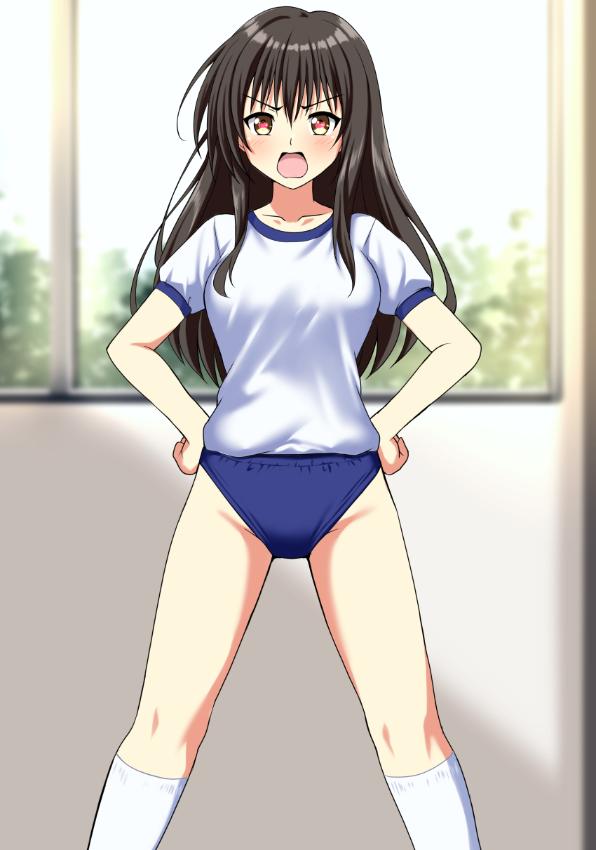 1girl absurdres black_hair blue_buruma blurry blurry_background blush brown_eyes buruma commentary_request commission depth_of_field frown gym_shirt gym_uniform hands_on_own_hips highres indoors kotegawa_yui looking_at_viewer open_mouth partial_commentary pixiv_commission shirt short_sleeves socks solo standing to_love-ru white_shirt white_socks zanntetu