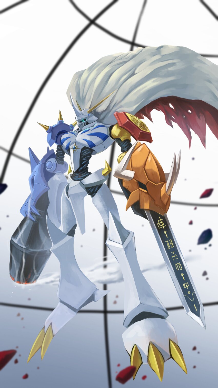 absurdres arm_blade arm_cannon armor blue_eyes cape digimoji digimon digimon_(creature) digimon_adventure digimon_adventure:_bokura_no_war_game energy_cannon full_body highres horns mecha natsuishi_nana omegamon red_cape robot shoulder_armor solo sword weapon white_armor white_cape