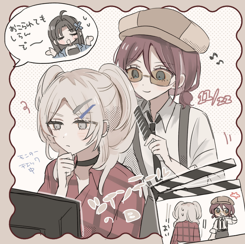 3girls awa_subaru black_choker black_hair black_necktie black_skirt blue_eyes choker closed_eyes collared_shirt comb commentary eighth_note girls_band_cry grey_eyes grey_hair hamchan69 highres holding holding_comb iseri_nina kawaragi_momoka long_hair multicolored_hair multiple_girls musical_note necktie open_mouth red_hair red_shirt roots_(hair) shirt short_twintails skirt smile speech_bubble sunglasses suspender_skirt suspenders sweat tongue tongue_out translation_request twintails two_side_up white_shirt