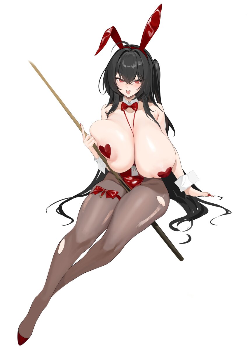 1girl absurdres animal_ears areola_slip azur_lane black_hair bow bowtie breasts breasts_out cue_stick detached_collar fake_animal_ears full_body high_heels highres holding huge_breasts iak large_areolae leotard long_hair looking_at_viewer official_alternate_costume pantyhose pasties playboy_bunny rabbit_ears red_bow red_bowtie red_eyes simple_background smile solo taihou_(azur_lane) taihou_(fun_on_the_baize)_(azur_lane) thigh_strap torn_clothes torn_pantyhose very_long_hair white_background wrist_cuffs