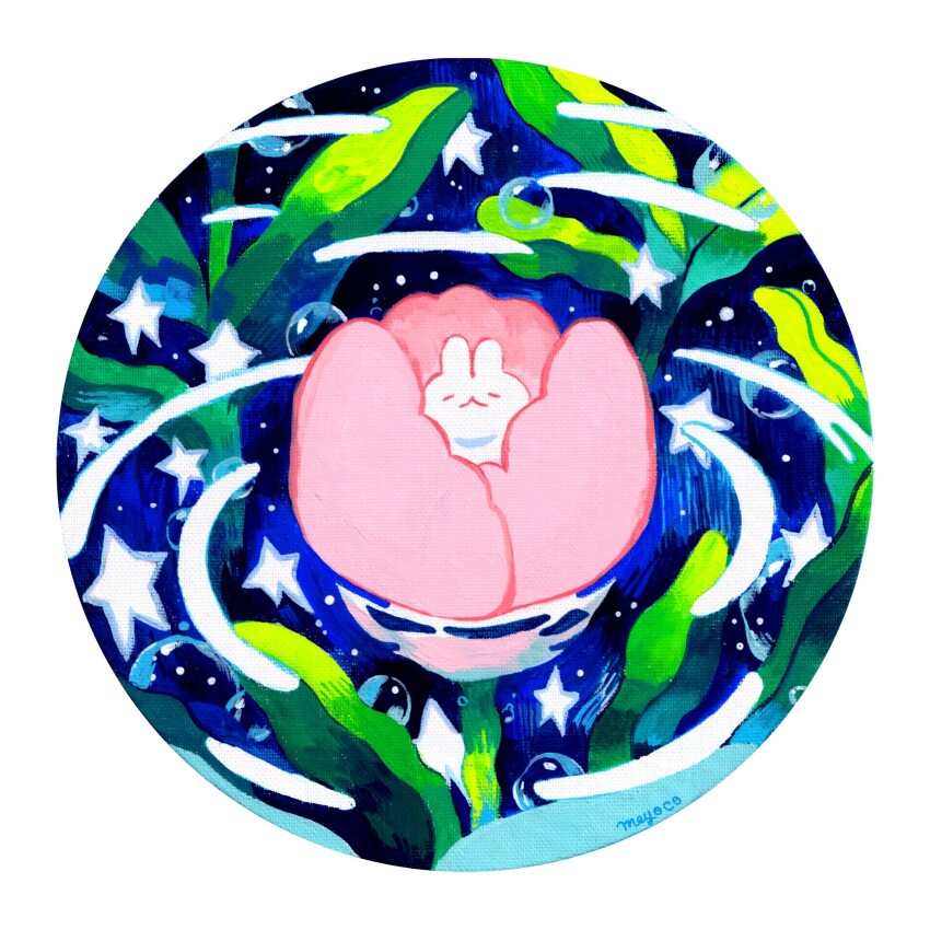 :&lt; acrylic_gouache_(medium) air_bubble animal_focus blue_sky border bubble circle closed_eyes commentary english_commentary flower flower_focus highres in_flower leaf meyoco minimized night night_sky no_humans original partially_immersed pink_flower pink_tulip plant rabbit rounded_corners signature sky sleeping star_(sky) star_(symbol) starry_sky traditional_media tulip undersized_animal water white_border white_rabbit_(animal)