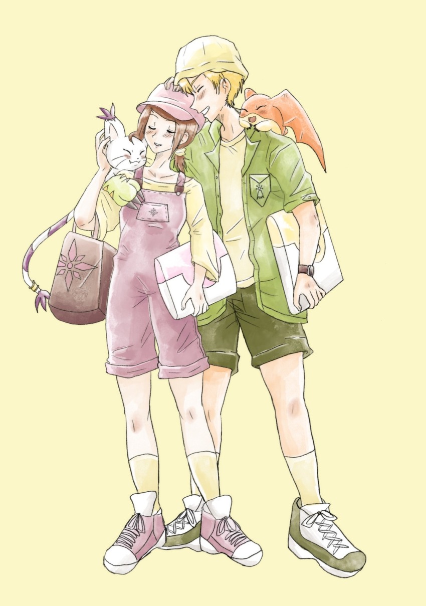 1boy 1girl blush crests_(digimon) digimon digimon_adventure_02:_the_beginning hat highres holy_ring patamon tail tailmon takaishi_takeru wings yagami_hikari